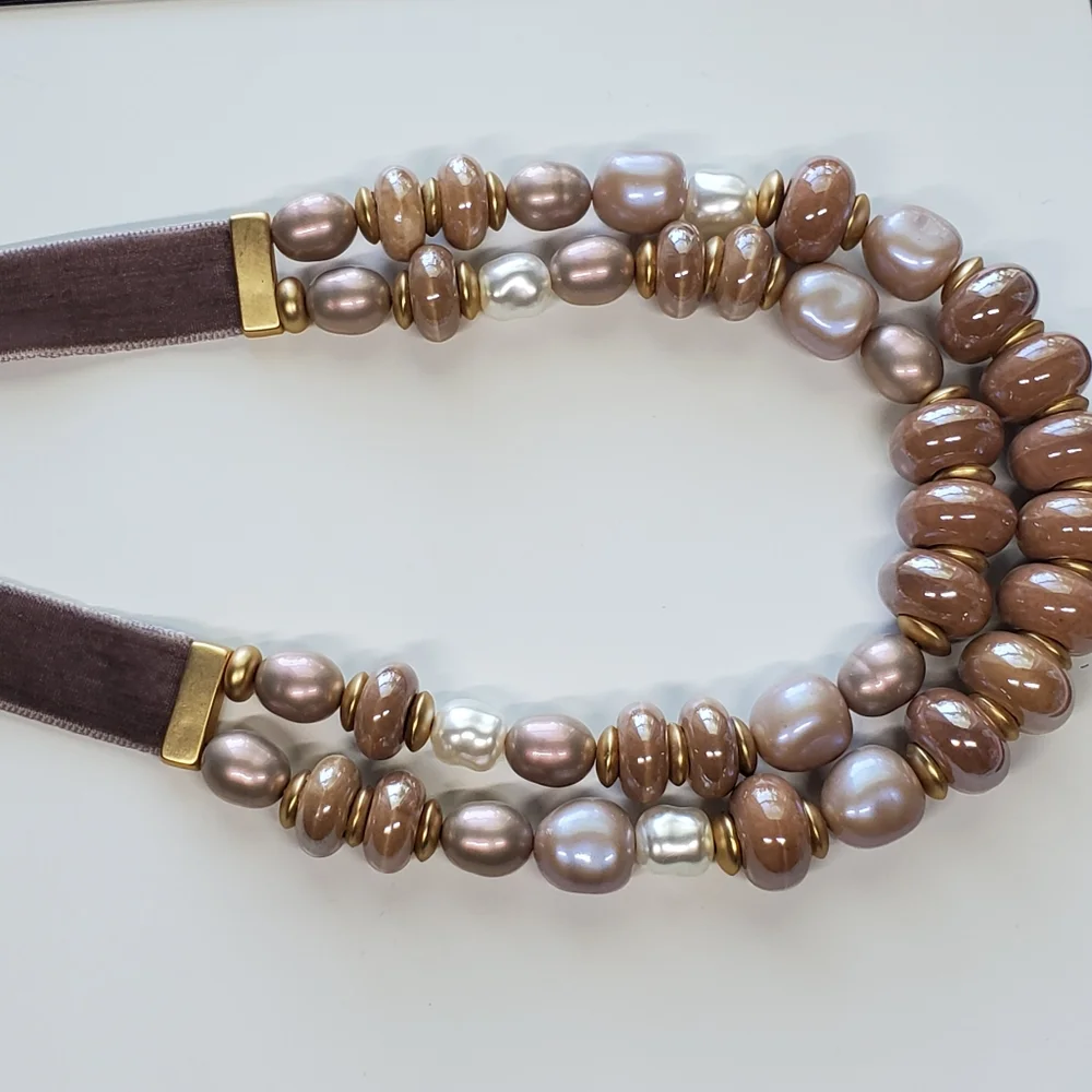 Chico's Taupe Cappuccino Two-Strand Faux Pearl Necklace and Stretch Bracelet Set - Picture 4 of 15